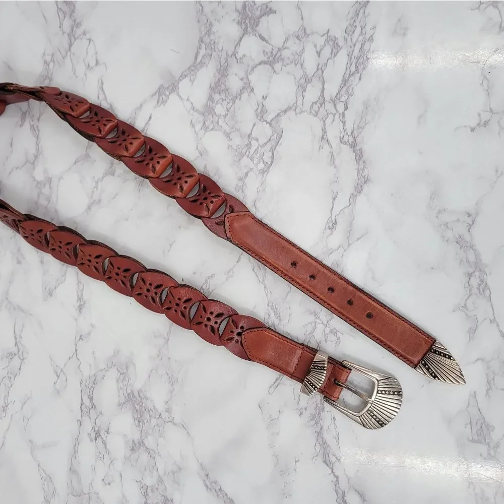 Brown Leather Interlock Tab Belt with Silver Toned Aztec Buckle